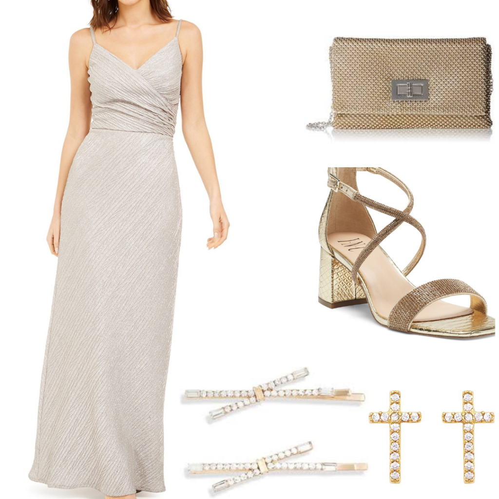 A Daphne Bridgerton outfit set with gown, shoes, gold purse, cross earrings and pearl hair clips.