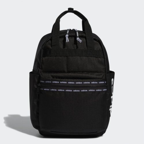 A black backpack with the words 'adidas' in grey.