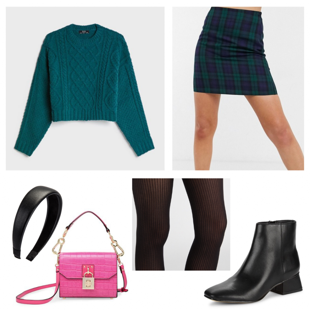 Outfit Guide: teal cableknit sweater, green and blue plaid miniskirt, black ribbed tights, black booties, thick black headband, and tiny pink purse with gold details