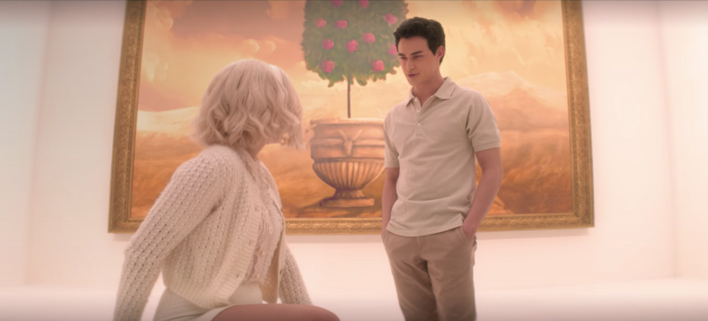 Screenshot from episode 8 of The Chilling Adventures of Sabrina Spellman, Season 4 - Sabrina in museum wearing all white