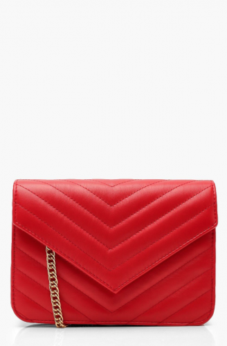 Classic bag: red chevron-stitched small crossbody purse with gold chain strap from Boohoo