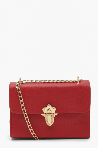 small red crossbody purse with gold clasp and chain strap from Boohoo