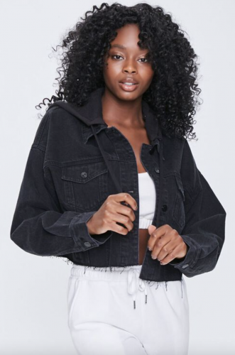 Forever 21 Black Cropped Hooded Denim Jacket