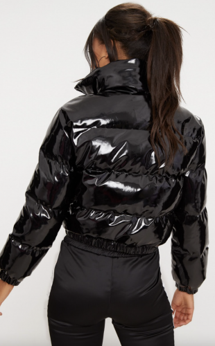 Pretty Little Thing Shiny Black Cropped Puffer Trendy Winter Coat