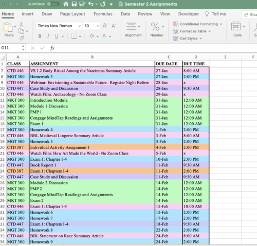 College organization tip - excel spreadsheet for assignments and due dates