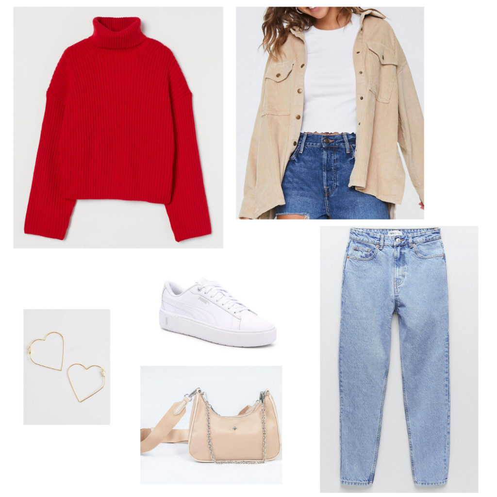 Cute Valentines outfit set: red sweater from H&M, light wash mom jeans from Zara, tan corded shirt jacket from Forever 21, white sneakers from Puma, heart shaped gold hoops from Altard State, and a nude crossbody mini bag from Princess Polly.