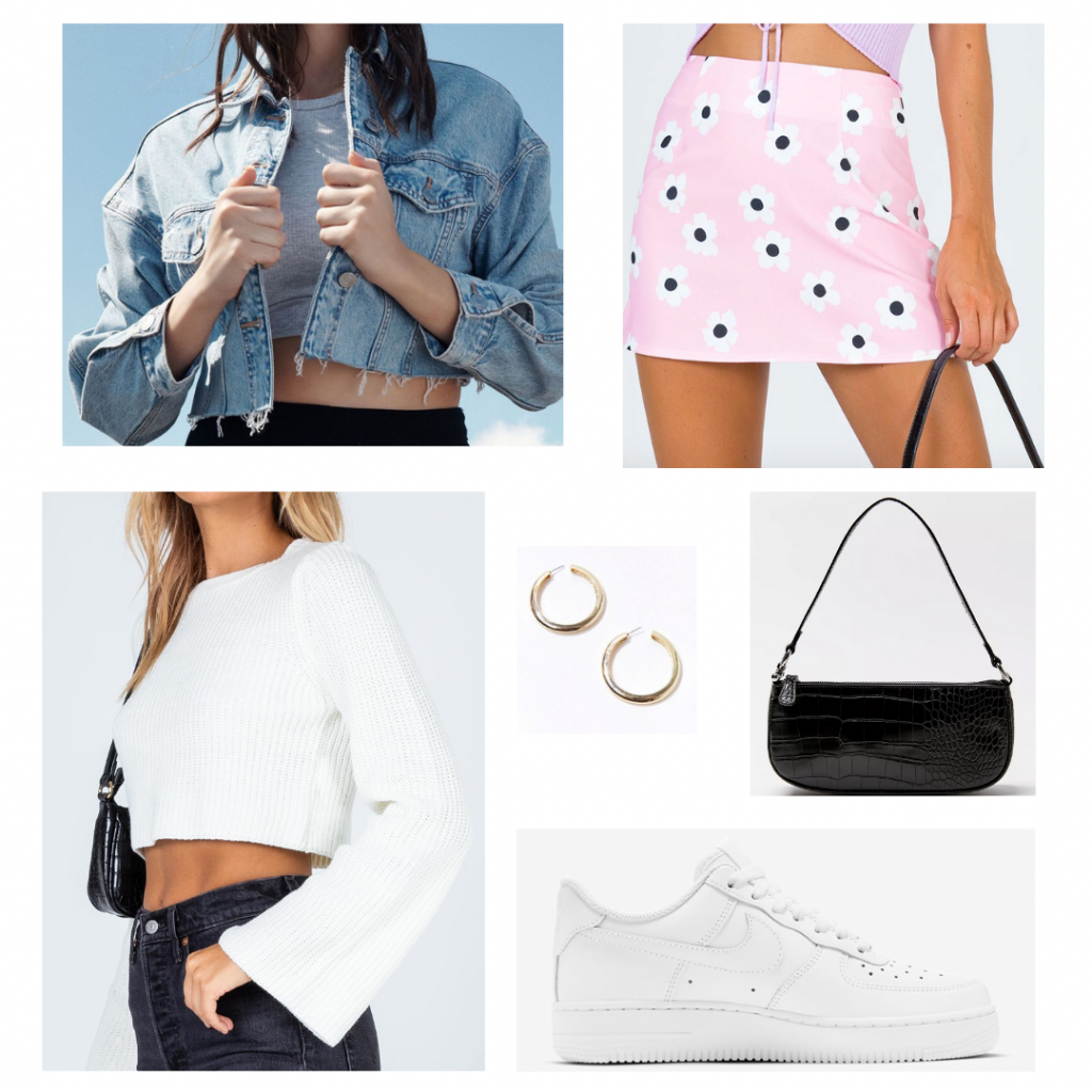 Valentine's Day outfit set: ribbed white sweater and a pink floral mini skirt both from Princess Polly, cropped denim jacket from Garage, gold chunky hoops from Forever 21, black mini shoulder bag from Urban Outfitters, and white Nike Air Force 1 sneakers.