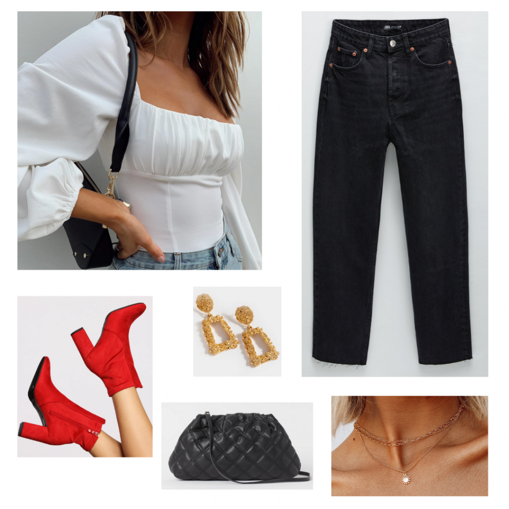 Valentine's Day outfit set: white bodysuit from Princess Polly, black straight leg jeans from Zara, red suede heeled booties from Windsor, gold statement earrings from Francesca's, gold layered necklace from Princess Polly, and a mini black quilted shoulder bag from H&M.