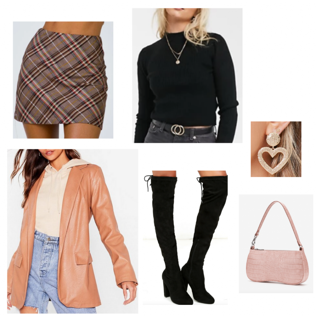 Cute Valentine's Day outfit set: brown plaid skirt from Princess Polly, faux leather brown blazer from Nasty Gal, black cropped turtleneck sweater from Asos, black suede over-the-knee boots from Lulus, statement gold heart earrings from Forever 21, and a mini pink croc print shoulder bag from Jw Pei.
