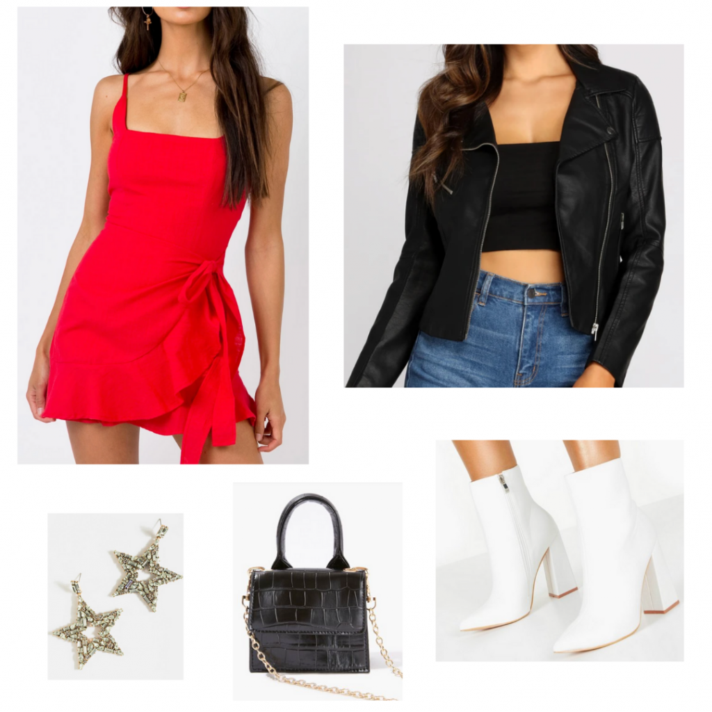 Cute Valentine's Day outfit set: red wrap dress from Princess Polly, faux black leather jacket from Windsor, white heeled booties from Boohoo, gold star earrings from Francescas, and a black mini croc print bag from Forever 21.