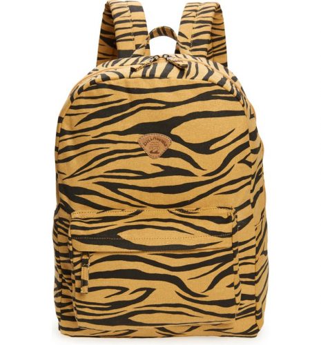 A backpack with tiger stripe print.