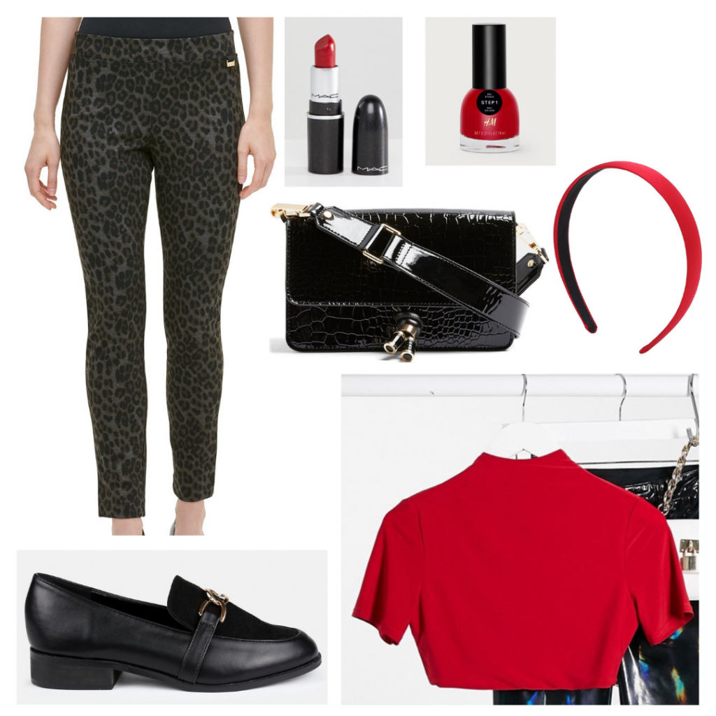 Outfit Guide: red mockneck crop top, grey and black leopard pants, red headband, patent crocodile purse, black loafers, red lipstick and nail polish