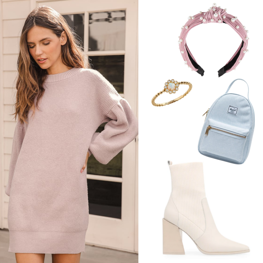 Outfit inspired by Eloise Bridgerton with lilac sweater dress, chunky heeled boots, bejeweled headband, mini backpack