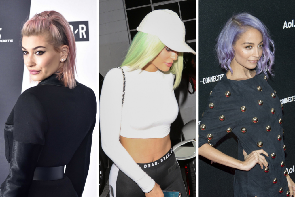 Celebrities rocking rainbow hair: Hailey Bieber with pink hair, Kylie Jenner with green hair, and Nicole Richie with purple hair