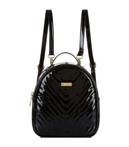 A glossy black Harrods backpack.