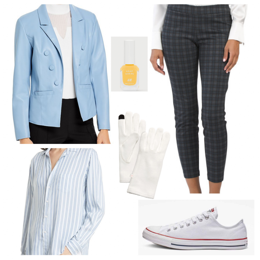 Harry Styles outfit inspired by Golden music video: Blue blazer, plaid pants, striped shirt, white sneakers, white gloves