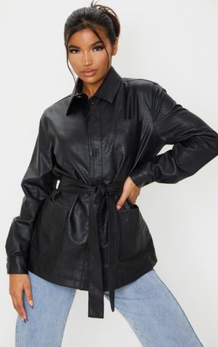 PrettyLittleThing Faux Leather Belted Jacket