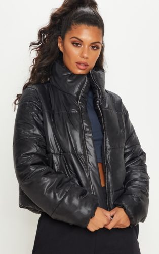 Black High Shine Cropped Puffer Jacket PrettyLittleThing