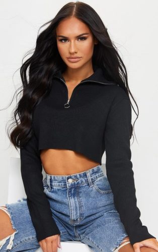 Cropped Knitted Zip Up Jumper
