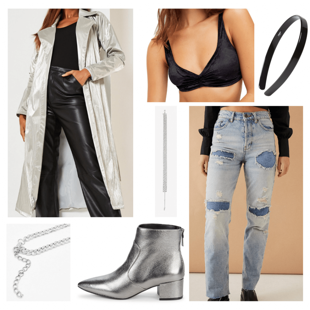 Outfit Guide: velvet bralette, distressed boyfriend jeans, silver pointed toe booties, long silver trench coat