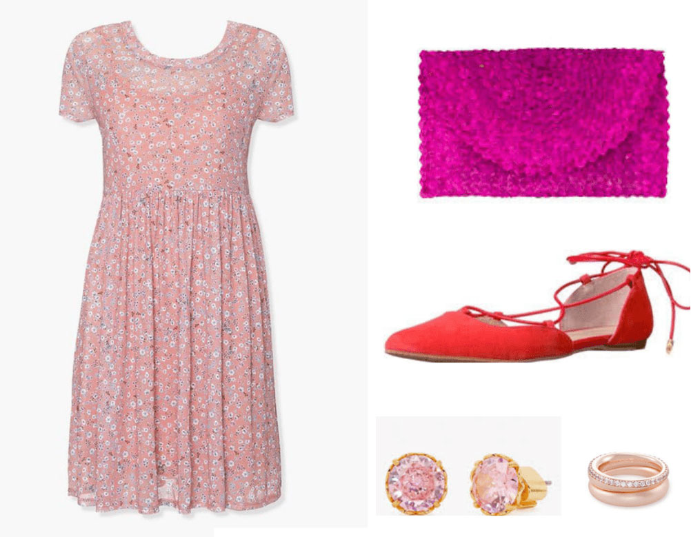 Penelope Featherington outfit from Bridgerton with floral dress, hot pink clutch, red flats, rose gold jewelry