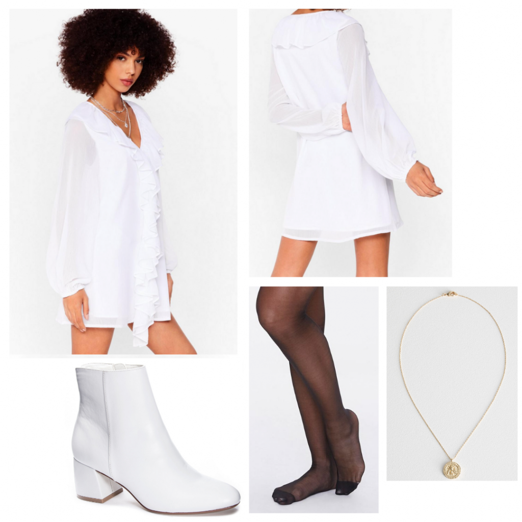 Harry Styles outfit inspired by Falling music video: All white outfit with ruffled top, white boots, gold necklace