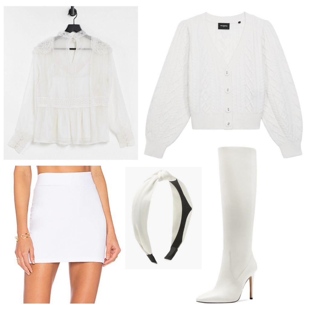 Outfit Guide: white silky long-sleeve blouse, white cableknit cardigan, white minskirt, white go-go boots, white knotted headband