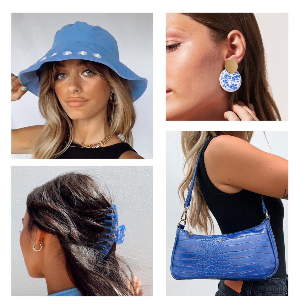 Blue accessories, hair clip, bucket hat, claw hair clip, shoulder bag