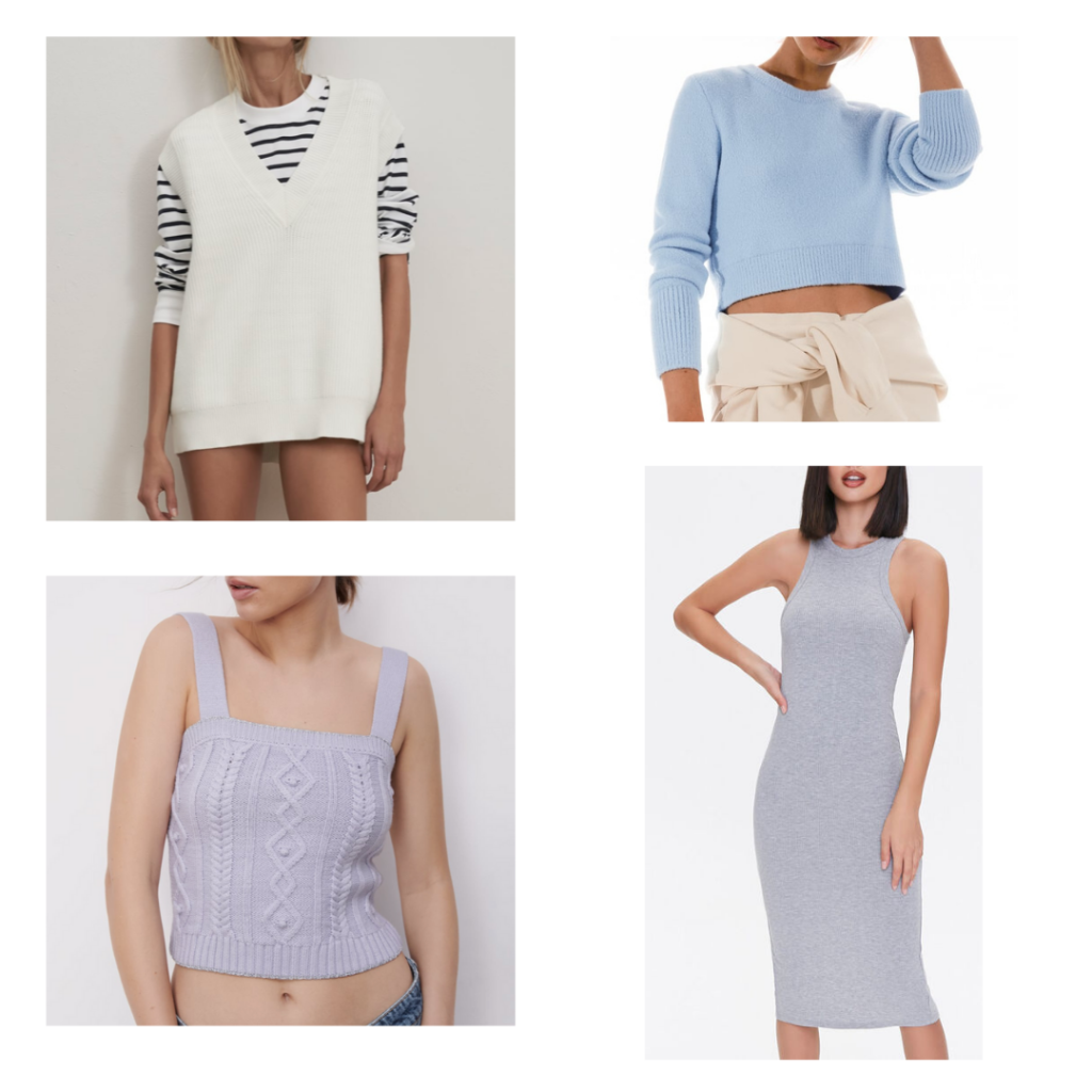 spring knit dresses, sweaters, and vests