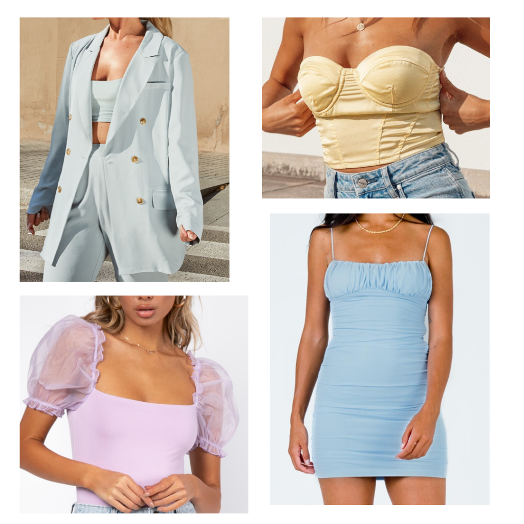 2021 fashion trend - pastel tones, matching suit set, bustier, dress