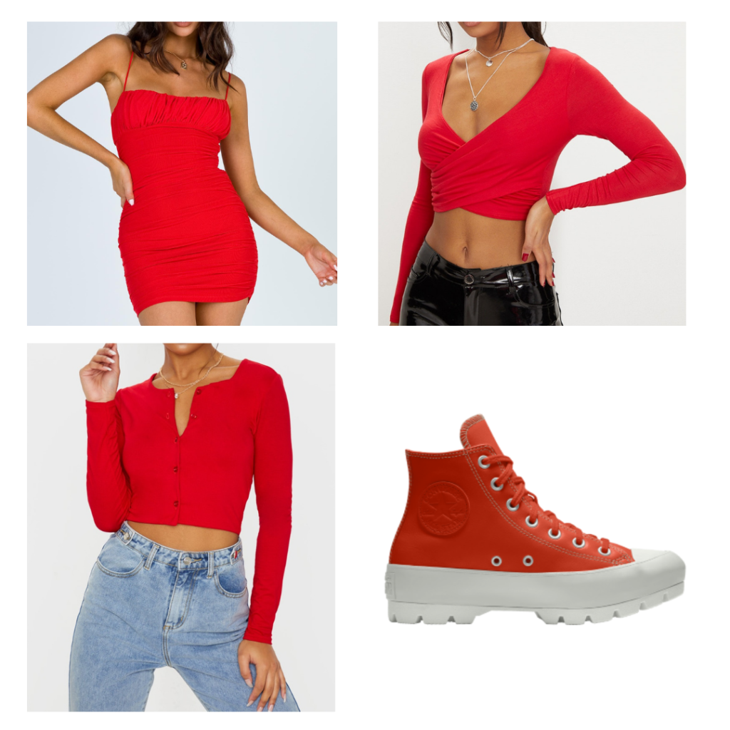 bold red dress, tops, sneakers