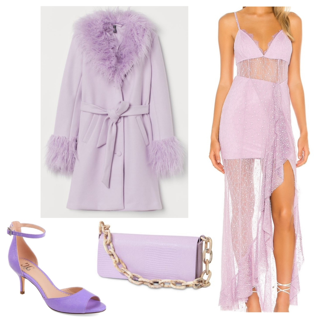 Ariana Grande 34+35 music video outfit: Purple dress, fur coat, chain bag, open toe heels