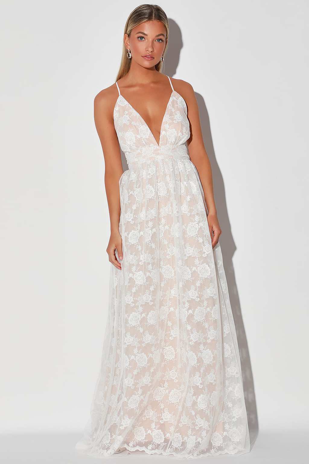 White and beige embroidered lace backless maxi dress from Lulu's