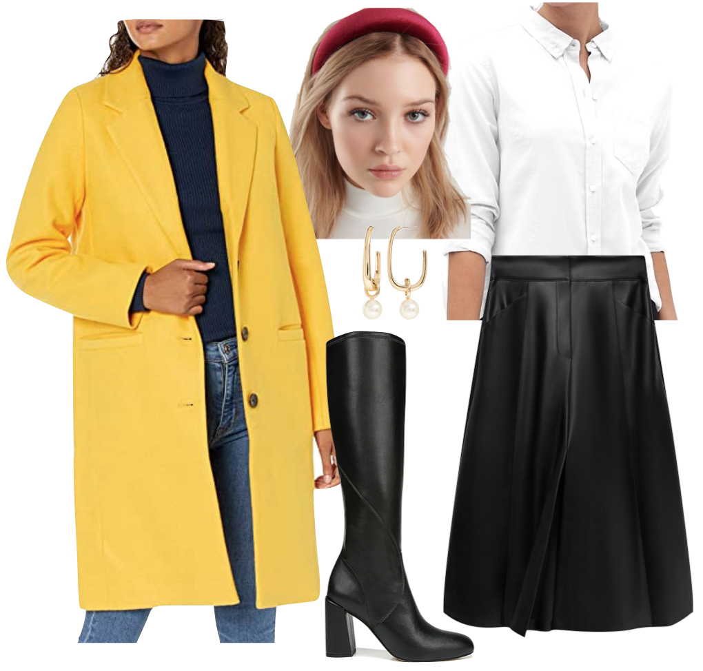 Amanda Gorman Outfit #1: yellow coat, white button down shirt, faux leather midi skirt, black faux leather knee high boots, red puffy headband, and gold hoop pearl earrings