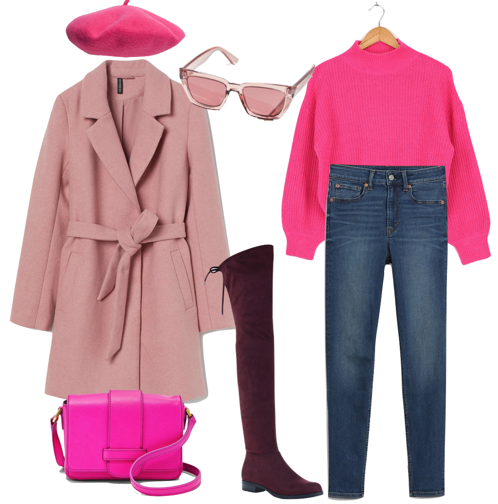 Amanda Gorman Outfit #2: pink sweater, skinny jeans, hot pink beret hat, pink plastic sunglasses, pink tie belt cat, maroon over the knee boots, pink crossbody bag