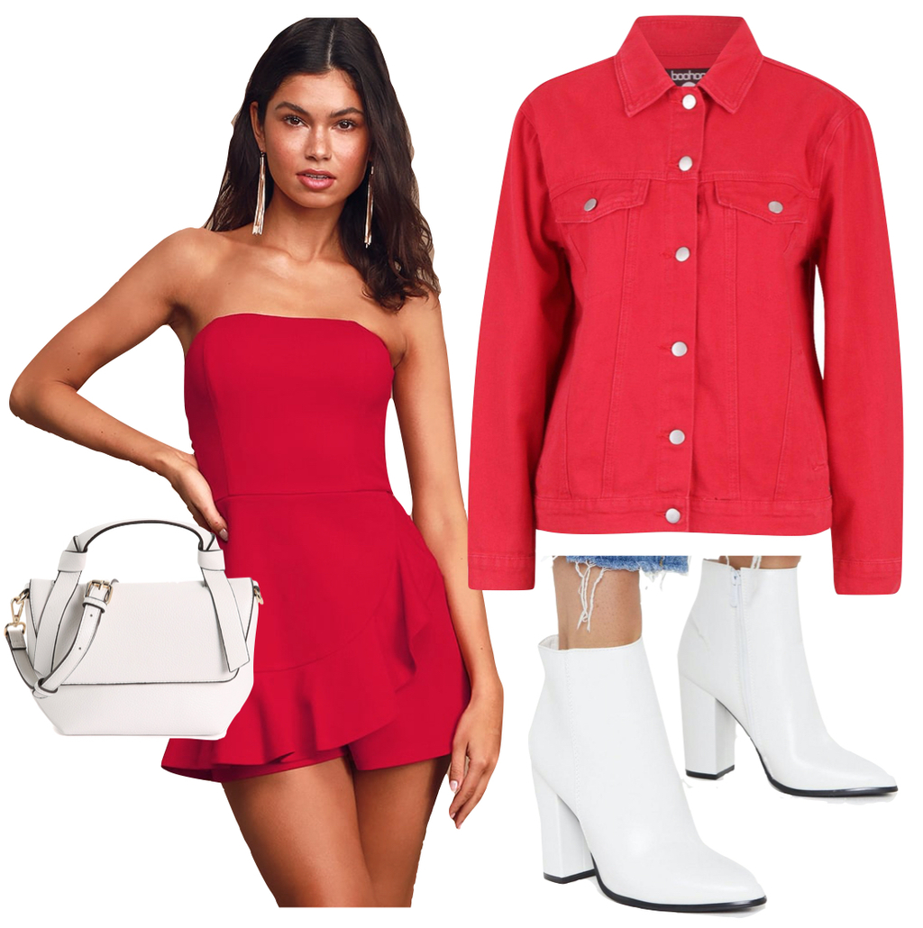 Amanda Gorman Outfit 3: red ruffled romper, red denim jacket, white ankle booties, and white bag