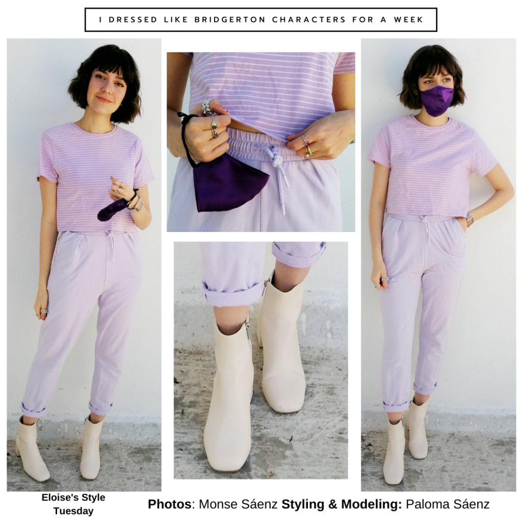 Outfit inspired by Eloise Bridgerton -- purple pants and striped top, white ankle boots