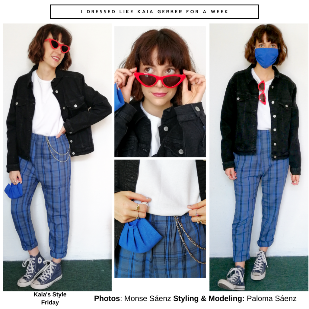 Outfit inspired by Kaia Gerber with blue plaid pants, Converse high tops, red sneakers, mini purse, and oversized black jacket