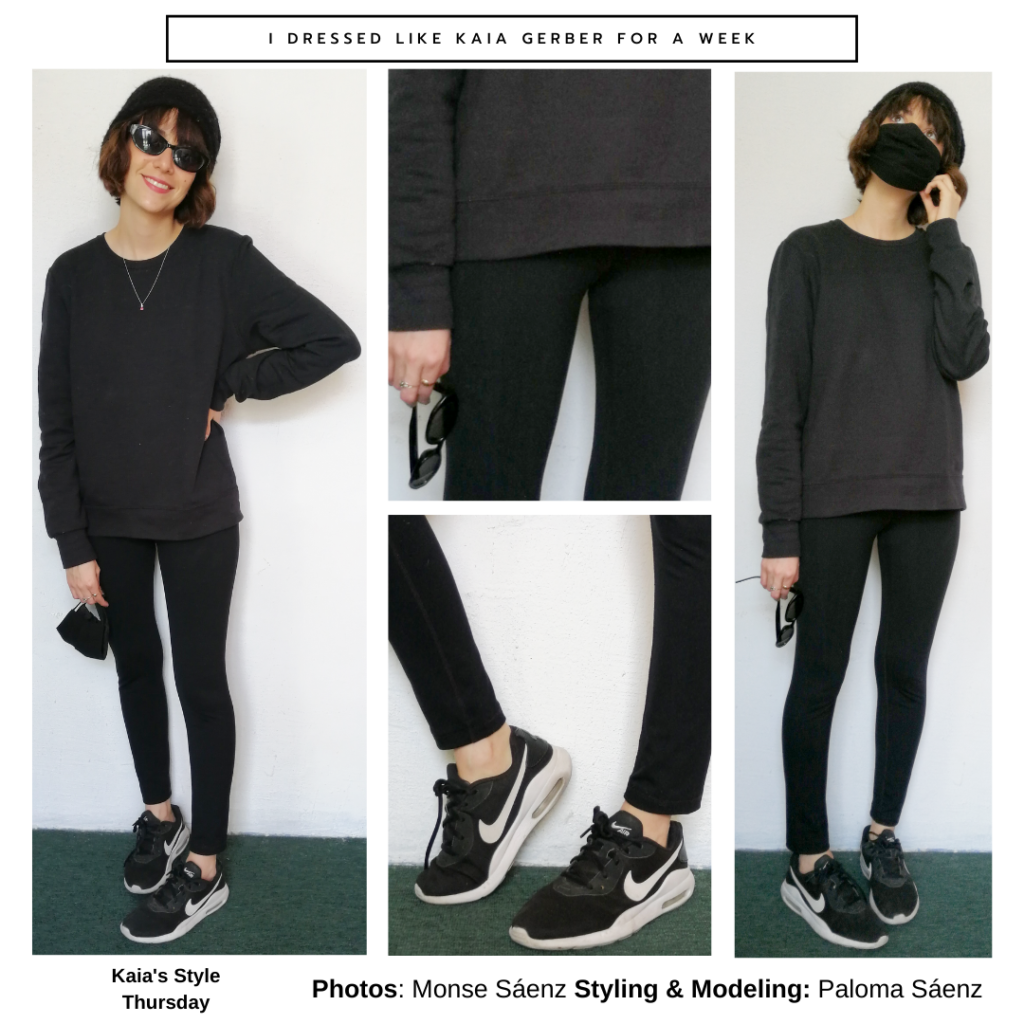 Outfit inspired by kaia Gerber's style: Black oversized sweatshirt, black leggings, black sneakers