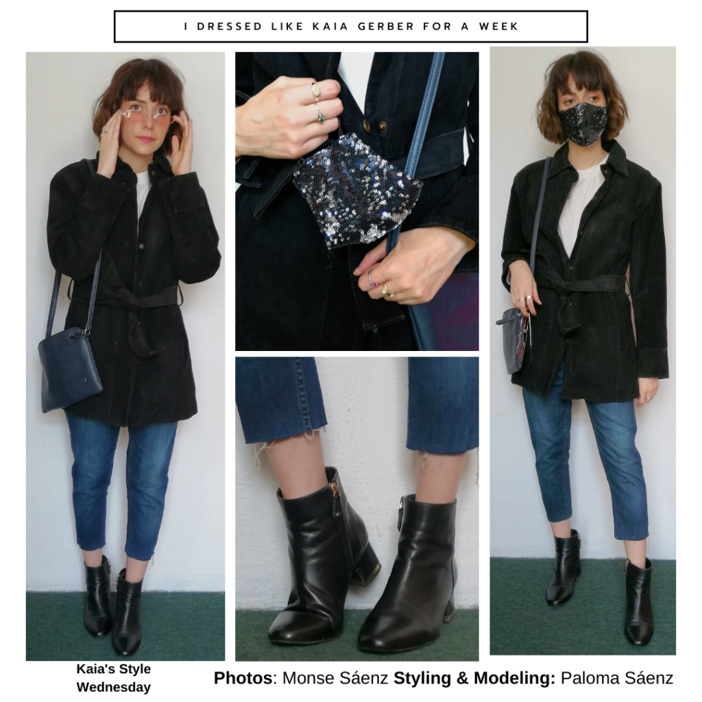 Outfit inspired by Kaia Gerber with black blazer, blue cropped jeans, ankle boots, blue crossbody bag