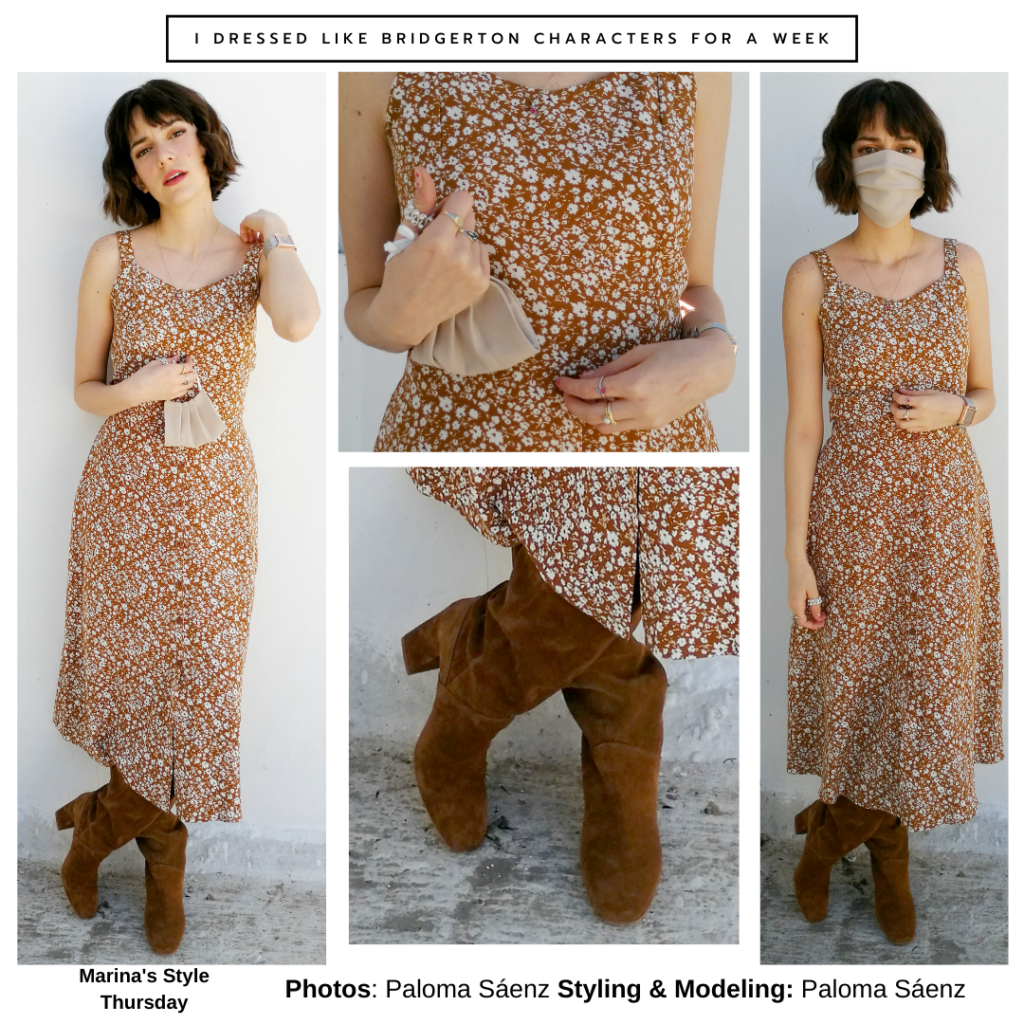 Bridgerton outfits guide: Marina Thompson outfit with floral maxi dress, suede boots, mini purse