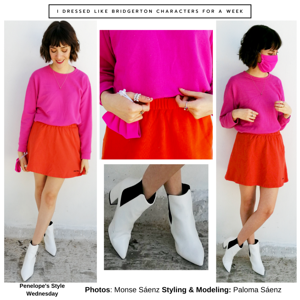 Bridgerton outfit inspired by Penelope Featherington - hot pink top, red mini skirt, white ankle boots, rings