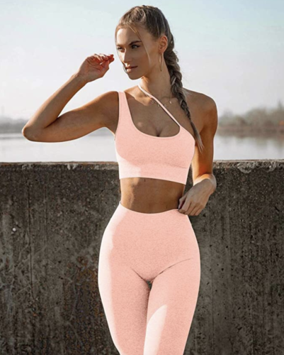 HYZ two-piece workout set in peach with asymmetrical sports bra from Amazon