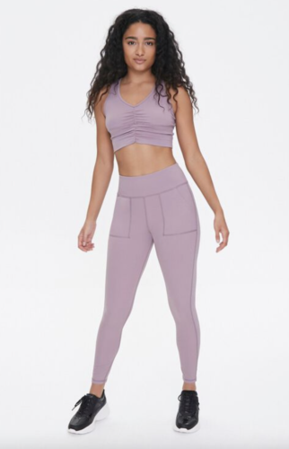 Ruched lavender cute workout matching bra and leggings set from Forever 21