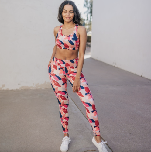 Senita Athletics patterned pink, red, blue, and white cute workout set