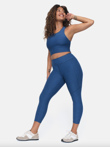 Outdoor Voices blue workout set with high neck bra top