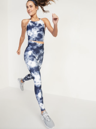 Blue and white tie dye workout set with high-neck top