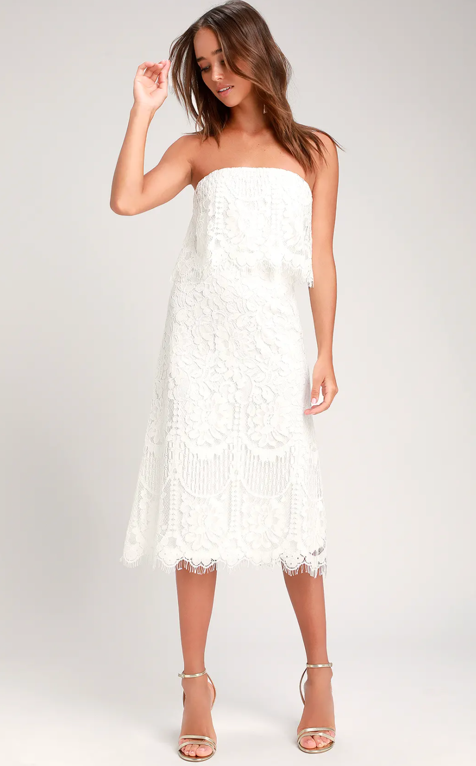 White lace strapless midi dress from Lulu's