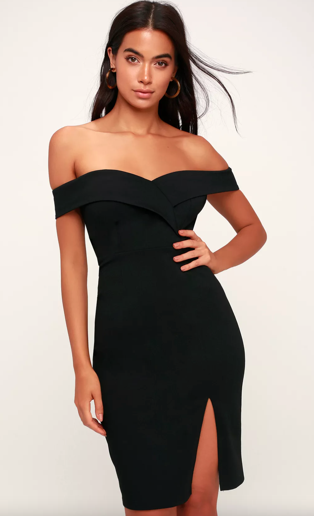 Off-the-shoulder chic black dress from Lulu's