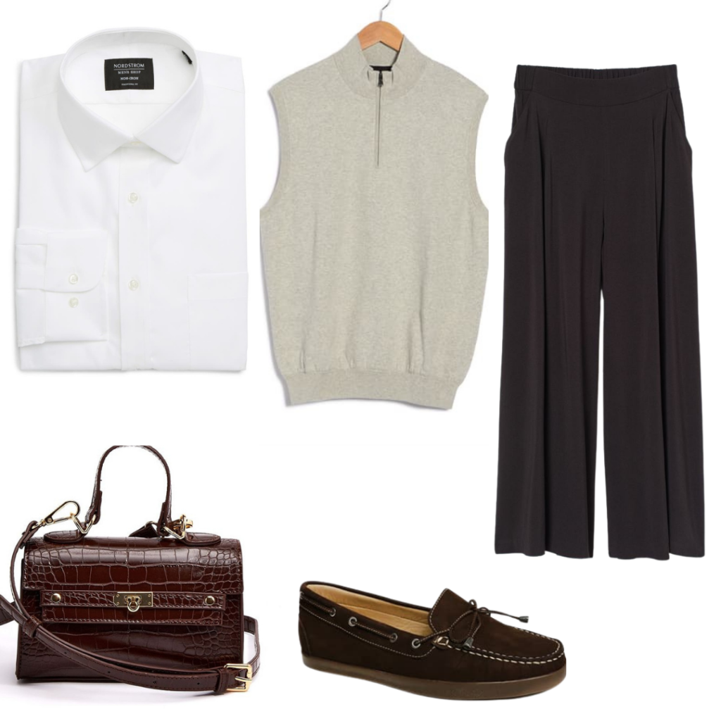 Dark Academia outfit with sweater vest. shirt, loafers, bag and trousers. 